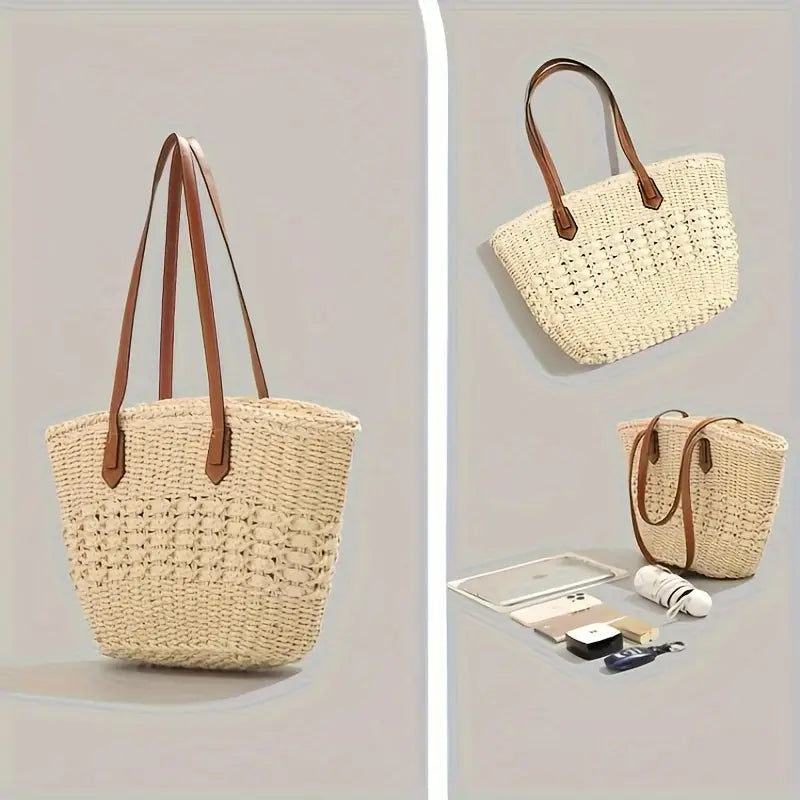 Luxury Braided Straw Tote Bag - Large Capacity, Hollow Design, Vacation-Ready, Daily Shopping Companion for Women - Perfect for Beach, Travel, Party, and Casual Fashion