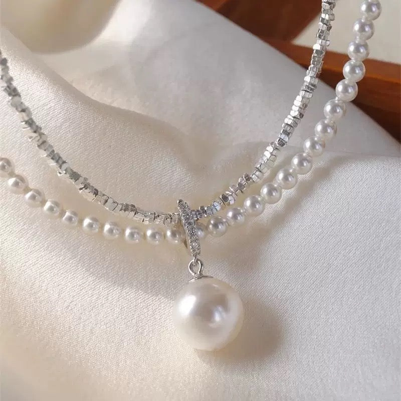 925 silver French light luxury double layer broken silver pearl necklace female vingate foreign style luxury pendant niche