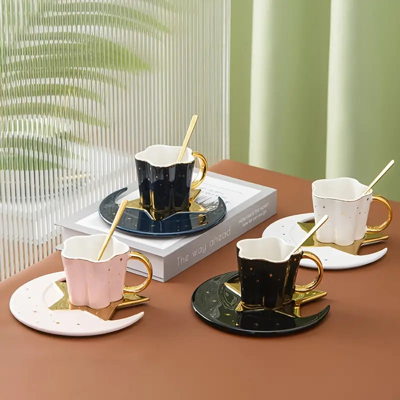 1 Set, Star And Moon Shaped Ceramic Coffee Cup Set, Exquisite Water Cup, Suitable for Afternoon Tea, Home, Restaurant, Christmas Decoration, Kitchen Decoration, Easter, Teacher's Day, Valentine's Day, Birthday, Mother's Day Gift, Perfect for Thanksgiving