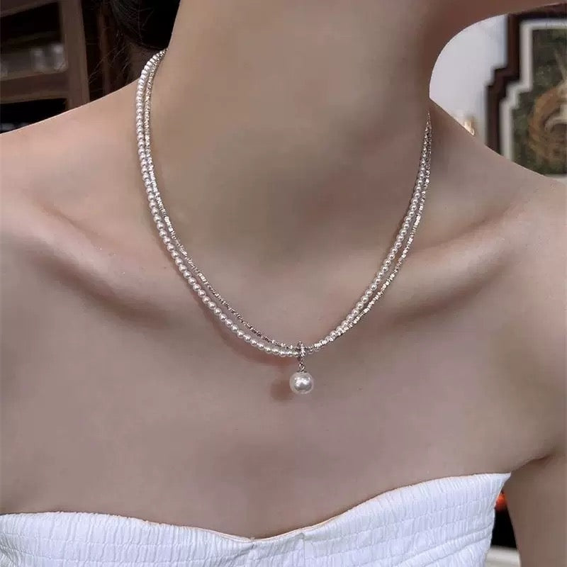 925 silver French light luxury double layer broken silver pearl necklace female vingate foreign style luxury pendant niche