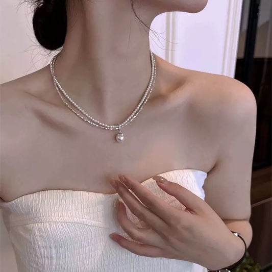 925 silver French light luxury double layer broken silver pearl necklace female vingate foreign style luxury pendant niche