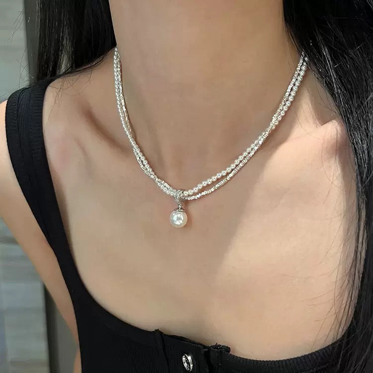 925 silver French light luxury double layer broken silver pearl necklace female vingate foreign style luxury pendant niche