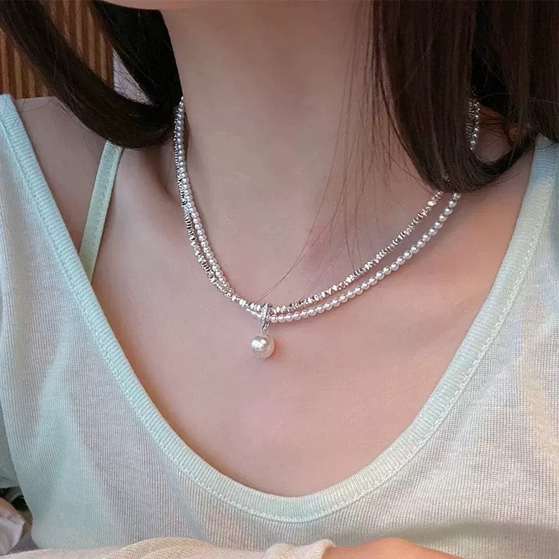 925 silver French light luxury double layer broken silver pearl necklace female vingate foreign style luxury pendant niche