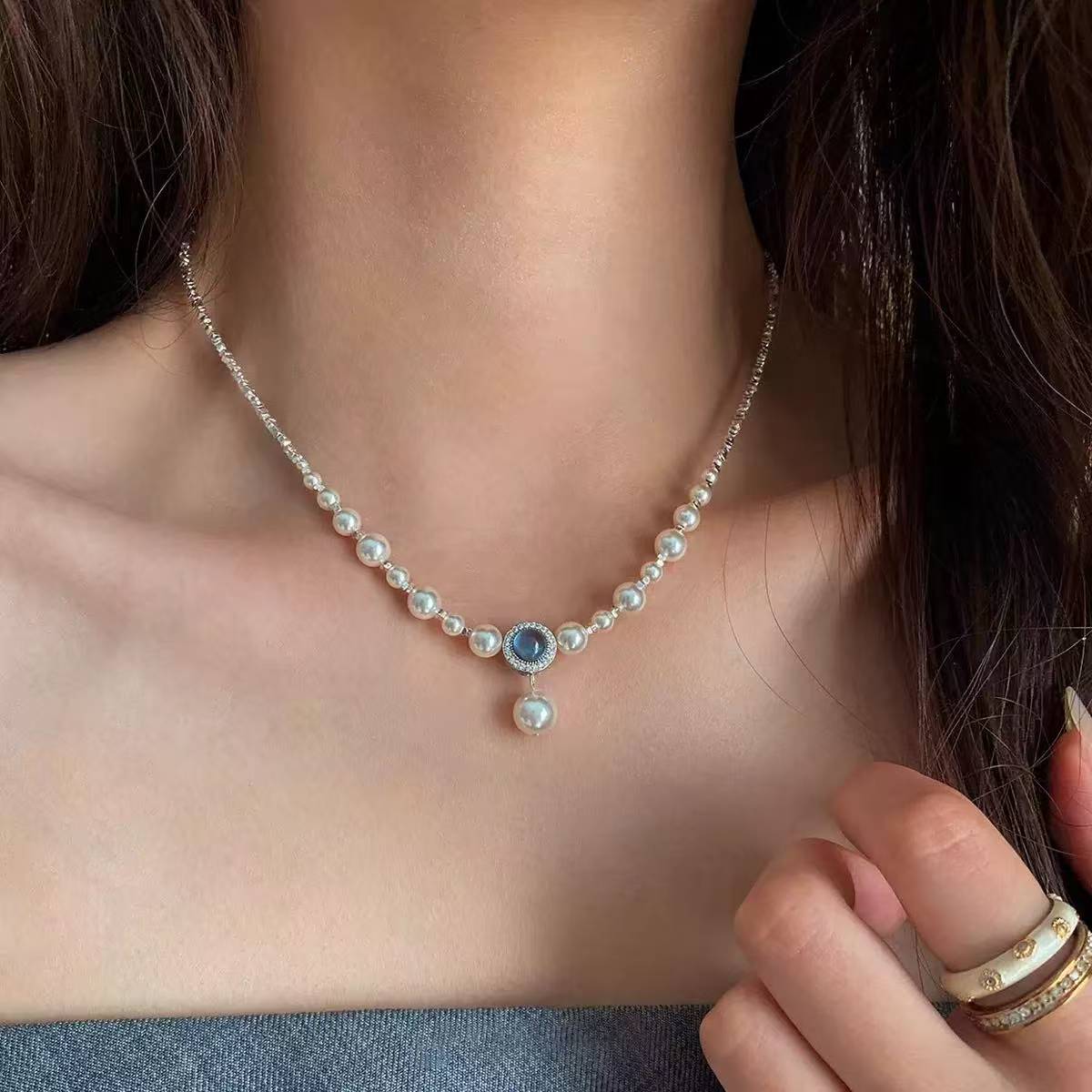 925 silver French imitation pearl necklace female sterling silver light luxury high-end full score Qixi Festival gift for girlfriend