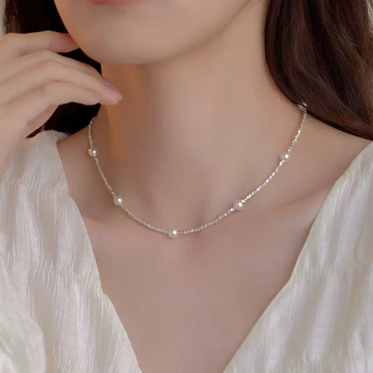925 silver necklace, a few taels of broken silver, starry sky, Shijia bead necklace for women, light luxury, niche design, clavicle chain