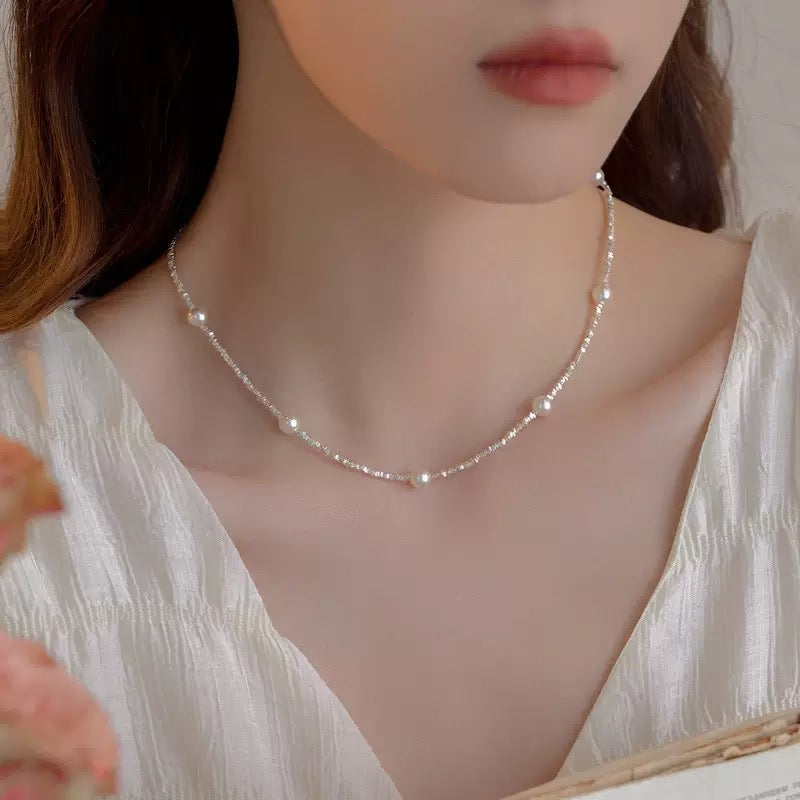 925 silver necklace, a few taels of broken silver, starry sky, Shijia bead necklace for women, light luxury, niche design, clavicle chain