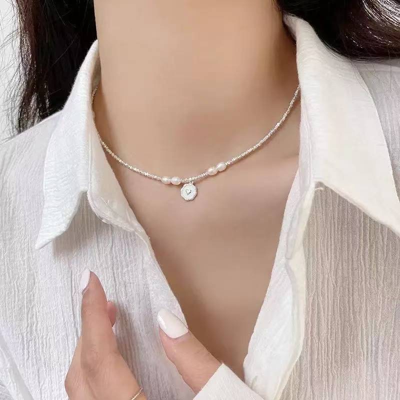 925 silver broken silver natural freshwater pearl flawless clavicle chain love sterling silver necklace