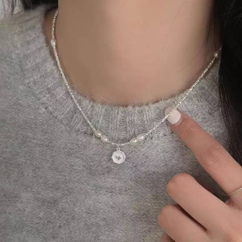 925 silver broken silver natural freshwater pearl flawless clavicle chain love sterling silver necklace