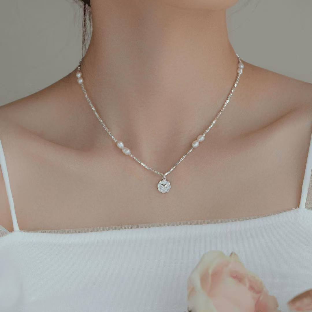 925 silver broken silver natural freshwater pearl flawless clavicle chain love sterling silver necklace