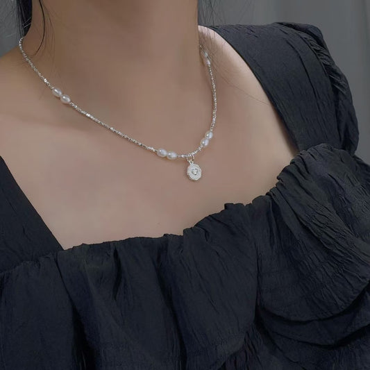 925 silver broken silver natural freshwater pearl flawless clavicle chain love sterling silver necklace
