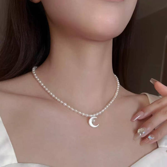 925 sterling silver natural freshwater pearl butterfly shell moon necklace female niche design high-end fashion simple necklace