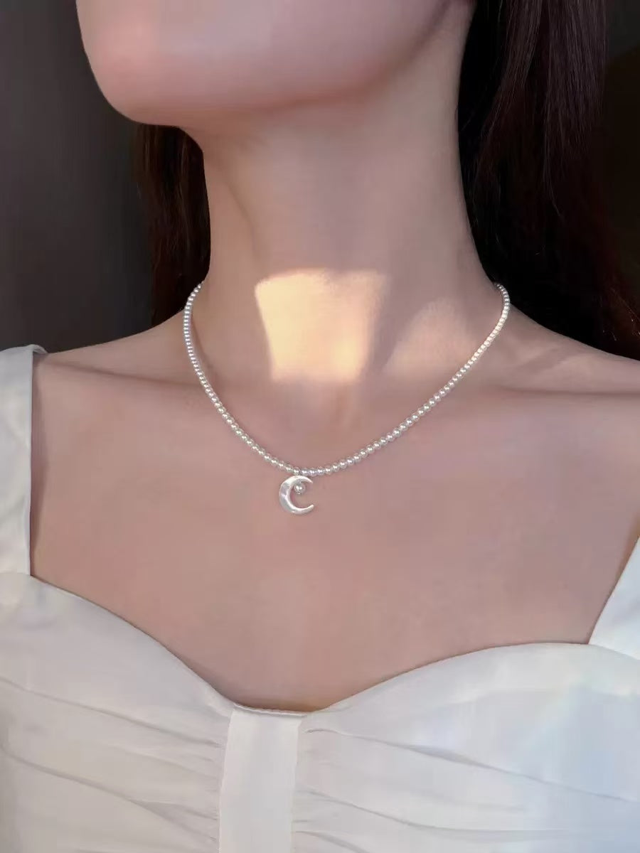 925 sterling silver natural freshwater pearl butterfly shell moon necklace female niche design high-end fashion simple necklace