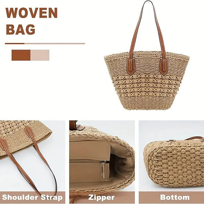 Luxury Braided Straw Tote Bag - Large Capacity, Hollow Design, Vacation-Ready, Daily Shopping Companion for Women - Perfect for Beach, Travel, Party, and Casual Fashion