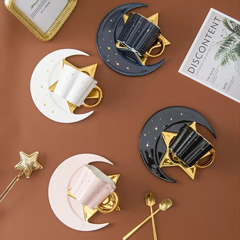 1 Set, Star And Moon Shaped Ceramic Coffee Cup Set, Exquisite Water Cup, Suitable for Afternoon Tea, Home, Restaurant, Christmas Decoration, Kitchen Decoration, Easter, Teacher's Day, Valentine's Day, Birthday, Mother's Day Gift, Perfect for Thanksgiving