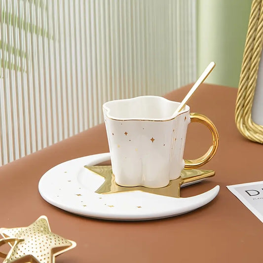 1 Set, Star And Moon Shaped Ceramic Coffee Cup Set, Exquisite Water Cup, Suitable for Afternoon Tea, Home, Restaurant, Christmas Decoration, Kitchen Decoration, Easter, Teacher's Day, Valentine's Day, Birthday, Mother's Day Gift, Perfect for Thanksgiving