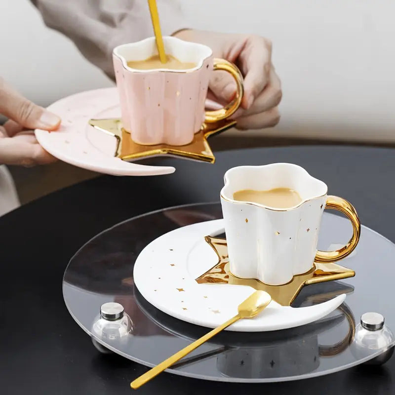 1 Set, Star And Moon Shaped Ceramic Coffee Cup Set, Exquisite Water Cup, Suitable for Afternoon Tea, Home, Restaurant, Christmas Decoration, Kitchen Decoration, Easter, Teacher's Day, Valentine's Day, Birthday, Mother's Day Gift, Perfect for Thanksgiving