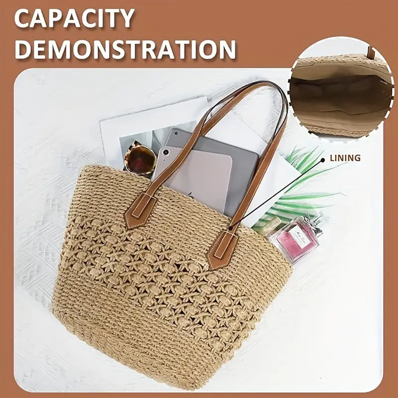 Luxury Braided Straw Tote Bag - Large Capacity, Hollow Design, Vacation-Ready, Daily Shopping Companion for Women - Perfect for Beach, Travel, Party, and Casual Fashion