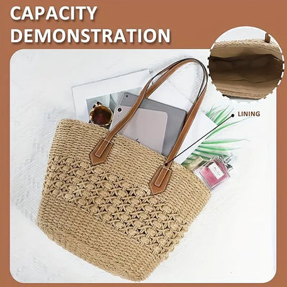 Luxury Braided Straw Tote Bag - Large Capacity, Hollow Design, Vacation-Ready, Daily Shopping Companion for Women - Perfect for Beach, Travel, Party, and Casual Fashion